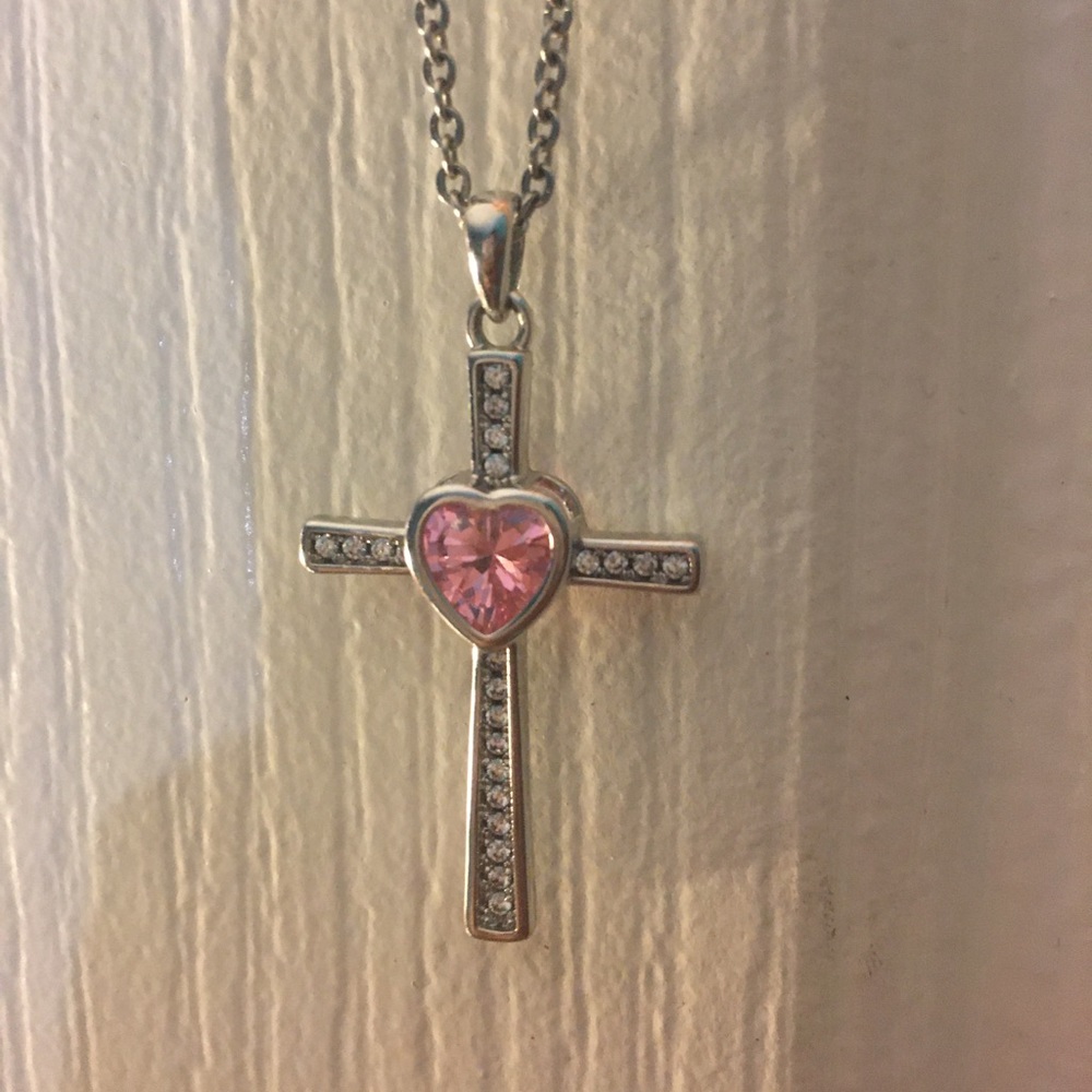 Pink heart diamond cross necklace